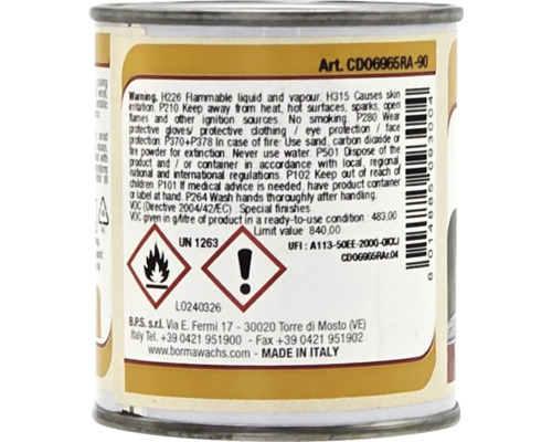 Etichetă de produs pe o cutie cu simboluri de pericol pentru inflamabilitate și avertizare, informații tehnice și detalii despre producător.