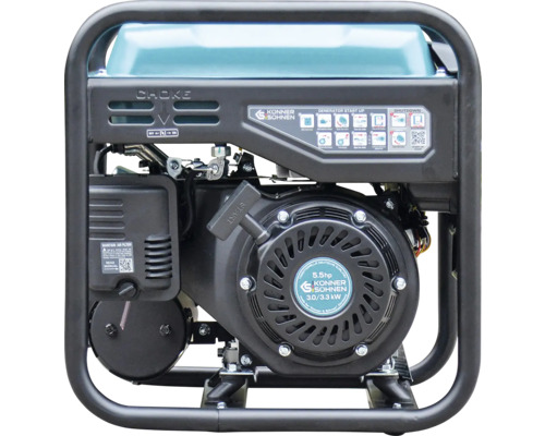 Generator de curent pe benzină Könner und Söhnen cu cadru metalic negru, rezervor albastru, demaror manual și motor de 5,5 cai putere.