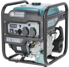 Generator inverter Könner & Söhnen KS 3300i cu cadru metalic negru, două prize de 230 Volți și rezervor albastru. Könner & Söhnen Logo.