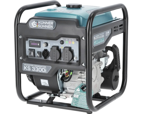 Generator inverter Könner & Söhnen KS 3300i cu cadru metalic negru, două prize de 230 Volți și rezervor albastru. Könner & Söhnen Logo.