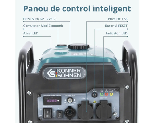 Panou de control inteligent generator Könner & Söhnen cu priză 12 Volți, mod economic, afișaj LED, prize 16 Amperi și buton resetare.