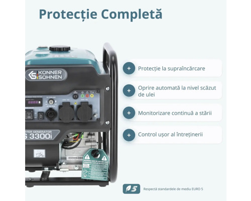 Könner und Söhnen Logo. Generator invertor cu protecție la supraîncărcare, oprire la nivel scăzut de ulei și standard Euro 5.