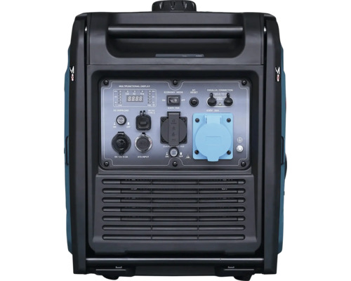 Panou de control al unui generator portabil cu afișaj digital, diverse prize pentru 230 volți și 12 volți și porturi USB.