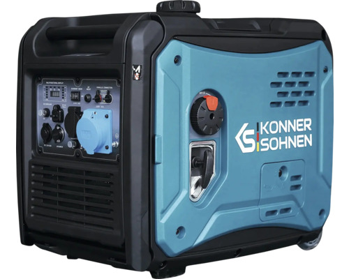 Generator de curent tip inverter portabil Könner & Söhnen cu panou de control, demaror manual și roți.