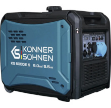 Generator de curent tip invertor Könner & Söhnen KS 6000iE S cu 5,0 până la 5,5 kilowați, mobil pe roți, cu panou de comandă și prize.