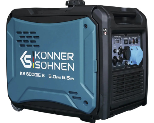Generator de curent tip invertor Könner & Söhnen KS 6000iE S cu 5,0 până la 5,5 kilowați, mobil pe roți, cu panou de comandă și prize.