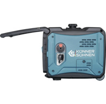 Generator de curent inverter Könner und Söhnen cu mâner depliat, comutator rotativ și demaror manual. Könner und Söhnen Logo.