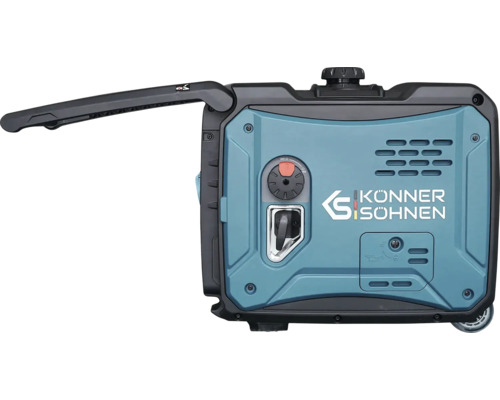 Generator de curent inverter Könner und Söhnen cu mâner depliat, comutator rotativ și demaror manual. Könner und Söhnen Logo.