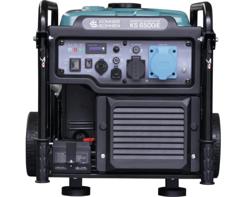 Generator de curent tip invertor Konner și Sohnen KS 6500iE cu panou de comandă, prize și roți.