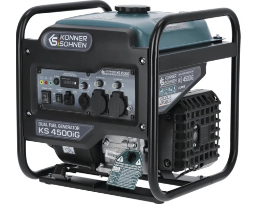 Generator Könner und Söhnen KS 4500iG cu cadru metalic, panou de control pentru benzină și gaz și avertizare pentru completarea uleiului.