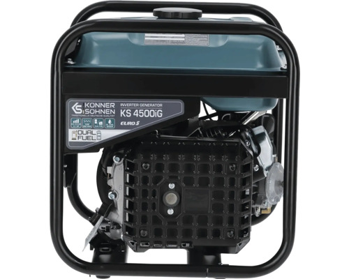 Generator de curent invertor Könner și Söhnen KS 4500iG cu tehnologie dual fuel pentru benzină și gaz în cadru metalic negru.