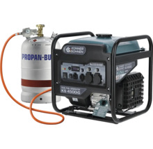 Generator de curent invertor Könner und Söhnen KS 4500iG dual fuel conectat la o butelie de gaz de 5,5 kilograme pentru funcționare cu benzină sau gaz.