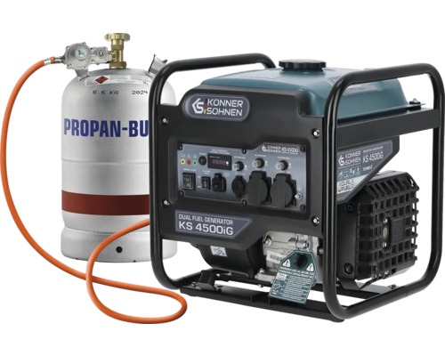 Generator de curent invertor Könner und Söhnen KS 4500iG dual fuel conectat la o butelie de gaz de 5,5 kilograme pentru funcționare cu benzină sau gaz.