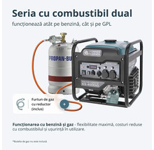 Generator hibrid Könner și Söhnen KS 4500iG. Include furtun de gaz cu reductor pentru funcționare pe benzină și gaz petrolier lichefiat.