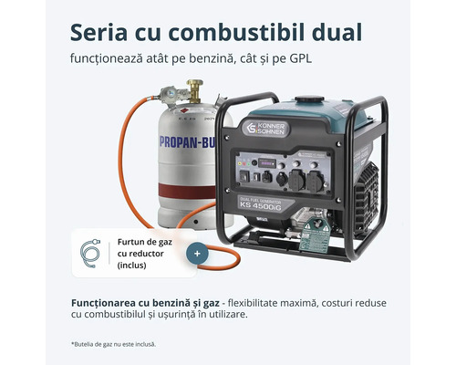 Generator hibrid Könner și Söhnen KS 4500iG. Include furtun de gaz cu reductor pentru funcționare pe benzină și gaz petrolier lichefiat.