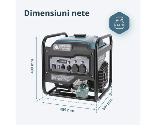 Generator invertor Könner & Söhnen Dual Fuel KS 4500iG: 455 milimetri lățime, 480 milimetri înălțime, 440 milimetri adâncime, 33,5 kilograme.