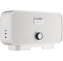 Încălzitor electric instantaneu de apă alb Atmor Inline 800 cu Atmor Logo, panou frontal perforat, buton rotativ și funcții de siguranță.