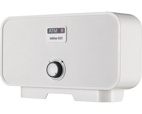 Încălzitor de apă instantaneu ATMOR Inline 800 cu un buton rotativ pentru treptele de putere joasă, medie și ridicată.
