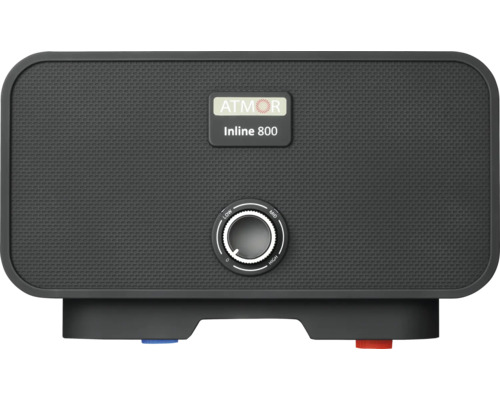Încălzitor instantaneu de apă electric Atmor Inline 800 negru cu un buton rotativ pentru reglarea temperaturii de la scăzut la ridicat.