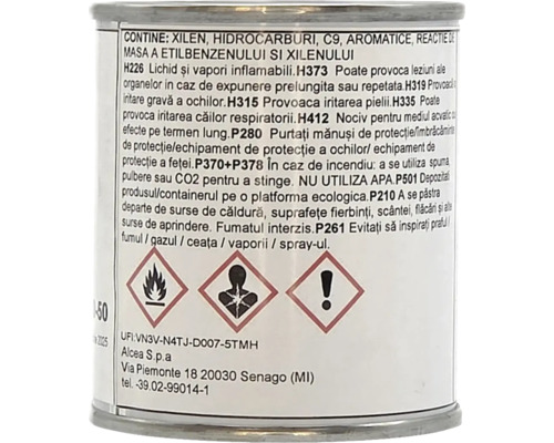 Etichetă de produs cu avertizări de pericol și simboluri de siguranță pentru inflamabil, pericol pentru sănătate și iritant.