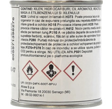 Simboluri de pericol pentru inflamabil, pericol pentru sănătate și iritant pe un ambalaj de produs cu instrucțiuni de siguranță.