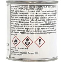 Etichetă a unei cutii metalice cu simboluri de pericol pentru inflamabil, pericol pentru sănătate și iritant, plus fraze de pericol.