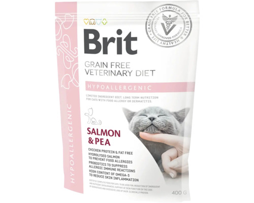 Brit Grain Free Veterinary Diet hrană pentru pisici cu somon și mazăre, hipoalergenică, 400 de grame
