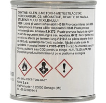 Etichetă de produs pe o doză metalică cu simboluri de pericol pentru inflamabilitate, pericol pentru sănătate, avertisment și instrucțiuni de siguranță.
