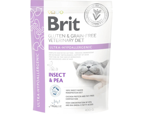 Brit Veterinary Diet Hrană pentru pisici cu insecte și mazăre, fără gluten, 400 de grame
