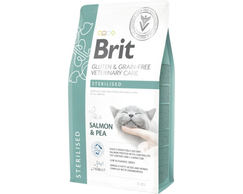Hrană pentru pisici Brit pentru pisici sterilizate cu somon și mazăre în ambalaj de 5 kilograme