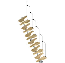 Scară compactă cu trepte din lemn și balustradă din metal.