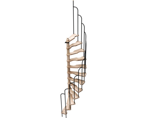 Scară în spirală din lemn deschis cu balustradă din metal negru.