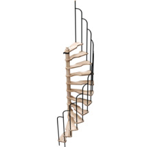 Scară în spirală care economisește spațiu, din lemn deschis la culoare, cu balustradă metalică neagră.