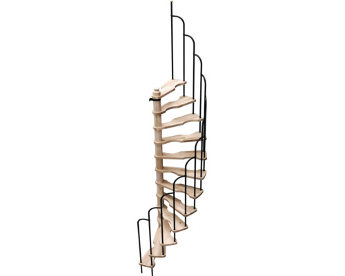 Scară în spirală care economisește spațiu, din lemn deschis la culoare, cu balustradă metalică neagră.