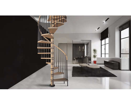 Scară spiralată modernă cu trepte din lemn și balustradă din metal închis într-un living luminos, amenajat minimalist.