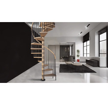 Scară spiralată modernă cu trepte din lemn și balustradă din metal închis într-un living luminos, amenajat minimalist.