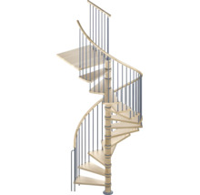 Scară spiralată cu trepte din lemn deschis și balustradă din metal închis.