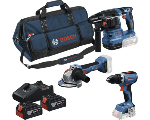 Set scule electrice Bosch cu geantă pentru scule, ciocan rotopercutor cu acumulator, polizor unghiular cu acumulator, șurubelniță cu acumulator, încărcător și acumulatori