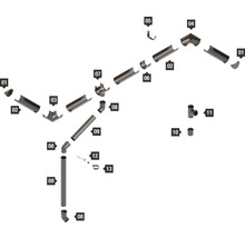 Privire de ansamblu asupra componentelor unui sistem de jgheaburi cu piese numerotate, cum ar fi jgheaburi, burlane, colțuri și suporturi.