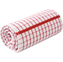 Prosop de bucătărie din bumbac rulat, cu model în carouri și dungi în roșu și alb.