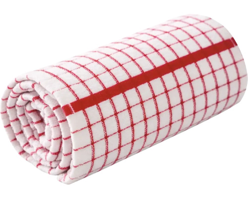 Prosop de bucătărie din bumbac rulat, cu model în carouri și dungi în roșu și alb.