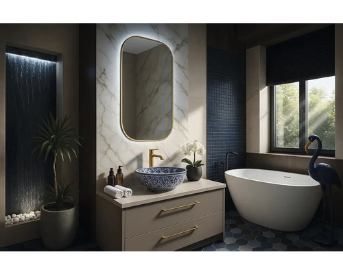 Baie modernă cu lavoar, oglindă, cadă și decorațiuni