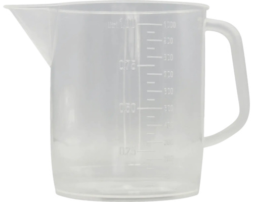 Cană gradată din plastic cu mâner și scală până la 1000 mililitri.