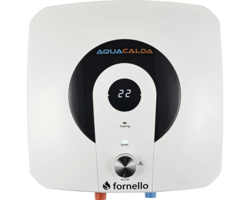 Boiler electric Fornello Aquacalda cu afișaj digital al temperaturii, buton rotativ și indicatoare pentru funcționare și încălzire.