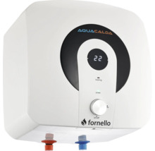 Boiler electric alb Aquacalda Fornello cu afișaj digital, buton de reglare, Aquacalda Logo și Fornello Logo.