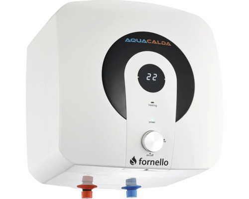 Boiler electric alb Aquacalda Fornello cu afișaj digital, buton de reglare, Aquacalda Logo și Fornello Logo.