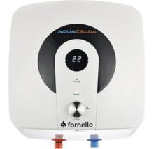 Boiler electric cu afișaj digital, Aquacalda Logo, Fornello Logo, regulator de temperatură și indicatoare luminoase pentru alimentare și încălzire.