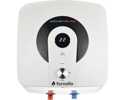 Boiler electric cu afișaj digital, Aquacalda Logo, Fornello Logo, regulator de temperatură și indicatoare luminoase pentru alimentare și încălzire.
