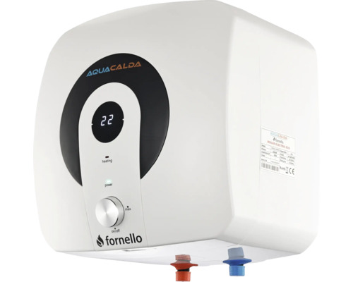 Boiler electric Aquacalda Fornello cu afișaj digital, buton de reglare a temperaturii și indicatoare pentru încălzire și alimentare.