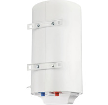 Boiler electric vertical alb pentru montare pe perete cu suporturi și conexiuni de apă albastre și roșii.
